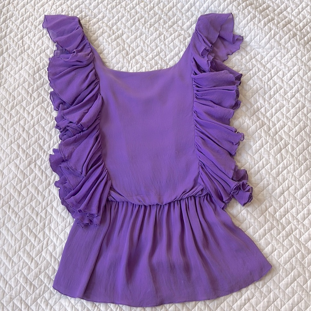 Romantic Alice+Olivia sleeveless blouse. Purple silk ruffles for days.